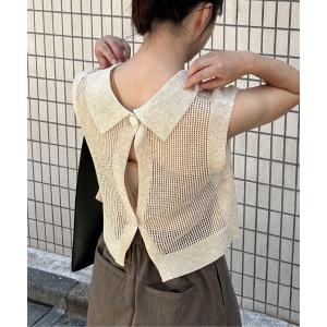 ニット セーター 「ハンドウォッシャブル」リネン混バックオープンメッシュノースリポロニット レディース