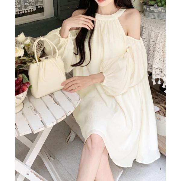 ワンピース オープンショルダーバックリボンワンピース