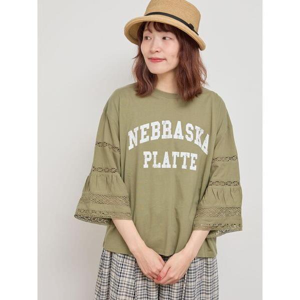 tシャツ Tシャツ レディース 袖レース切替プリントカットソー