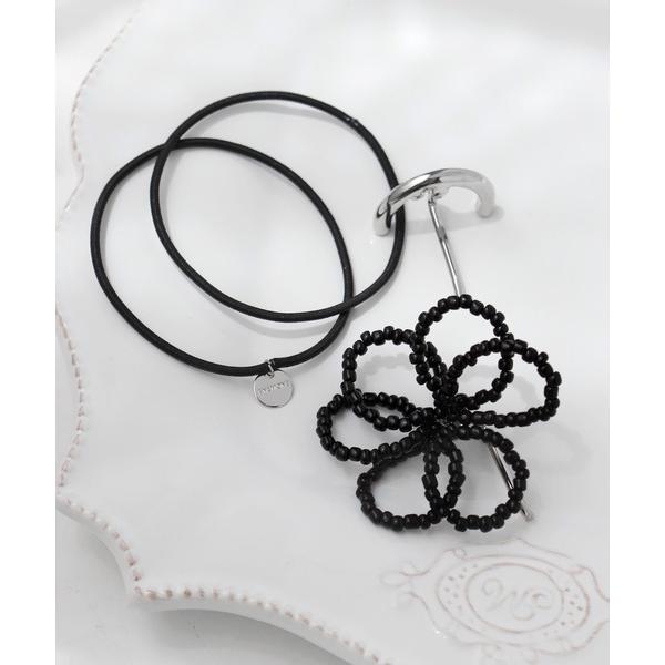 ヘアゴム ビーズフラワー×メタルポニーフック「2個セット」