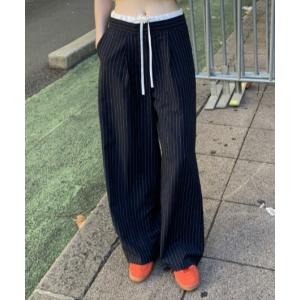スラックス パンツ ウエスト配色ストライプパンツ レディース