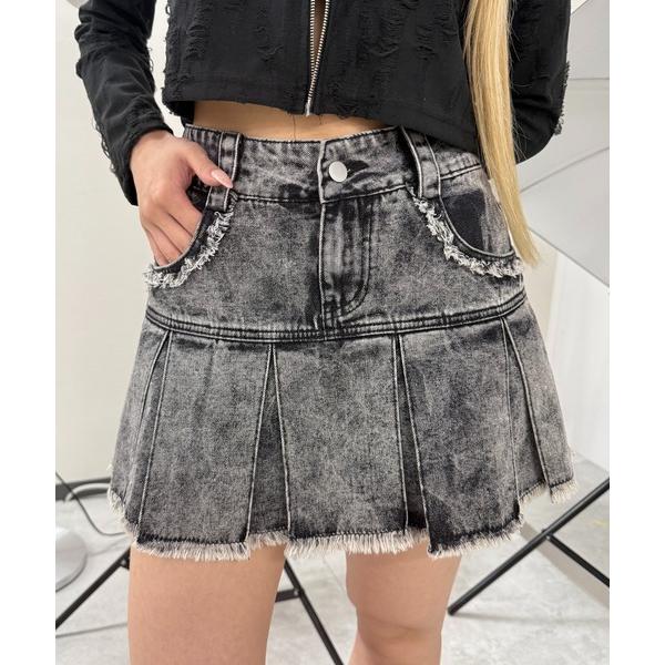 デニムスカート プリーツヘムフリンジデニムミニスカート