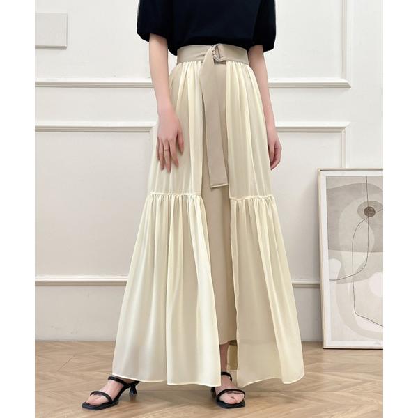スカート レイヤードラッフル異素材ロングフレアスカート
