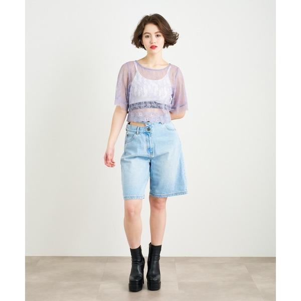 ハーフパンツ ジーンズ デニム デニムパンツ 短パン ウエストスラッシュ ハーフデニムパンツ レディ...
