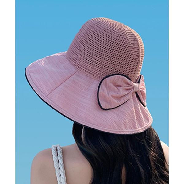 帽子 ハット バックリボンデザインつば広麦わら風帽子 レディース
