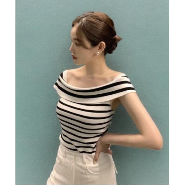 tシャツ きれい目オフショルダーニットトップス レディース