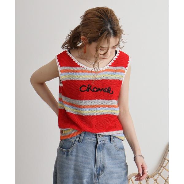 タンクトップ ノースリーブ ノースリーブカギアミボーダーロゴ刺繍 レディース