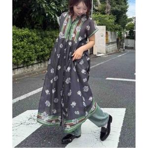 ワンピース 夏 半袖 インド パネル柄彩りギャザーワンピ―ス