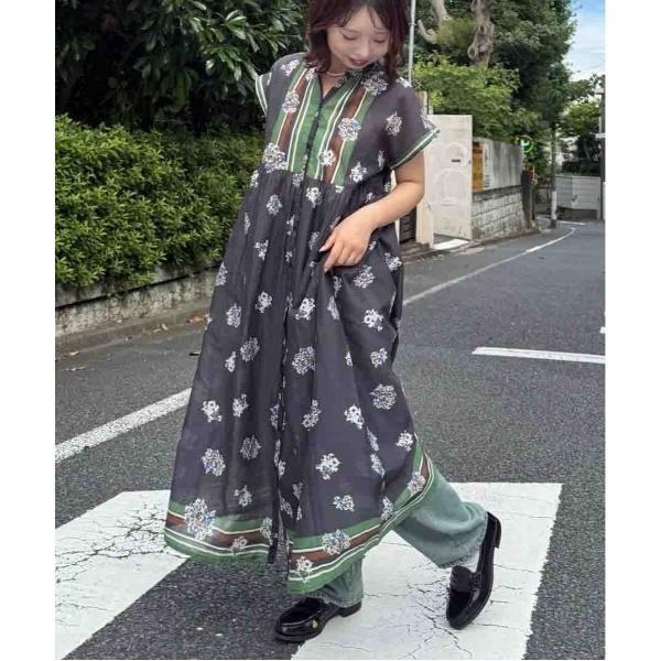 ワンピース 夏 半袖 インド パネル柄彩りギャザーワンピ―ス