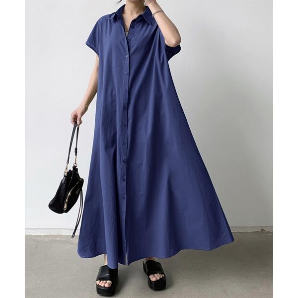 シャツワンピース 麻混フレアシャツワンピース