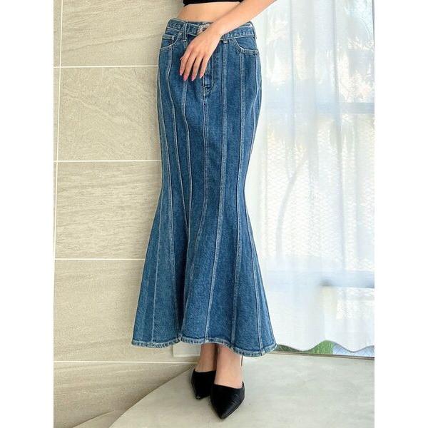 デニムスカート ハイウエストバックルベルトデザインマーメイドスカート