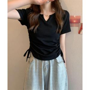 tシャツ 半袖 サイドシャーリング　ネックVカット半袖Tシャツ レディース