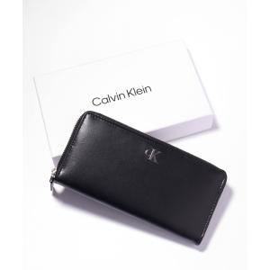 財布 メンズ 「Calvin Klein/カルバンクライン」ワンポイント メタルロゴプレート レザー ラウンドジップロングウォレット/長財布