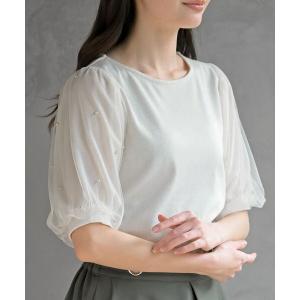 tシャツ チュールパールハーフスリーブカットプルオーバー レディース