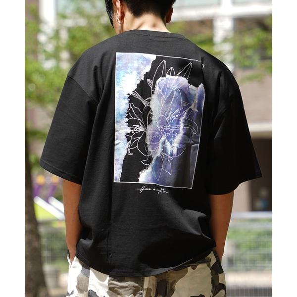 tシャツ 「unisex」水彩画風 フラワー バックプリントTシャツ / ロゴ刺繍 花柄 オーバーサ...