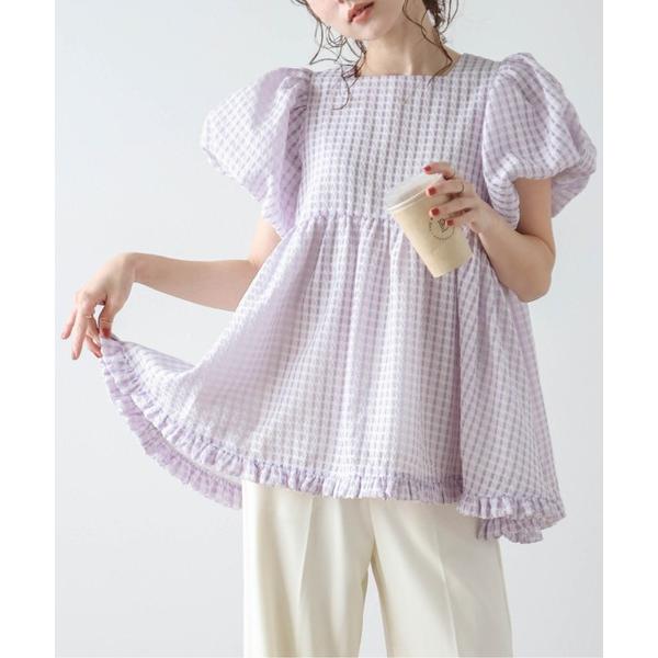 tシャツ ぽわん袖ギンガムチェックトップス レディース
