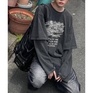 tシャツ 「Chikashitsu +」layered graphic long sleeve / 「チカシツプラス」レイヤードグラフィックプリント長袖Tシャツ メンズ レディース