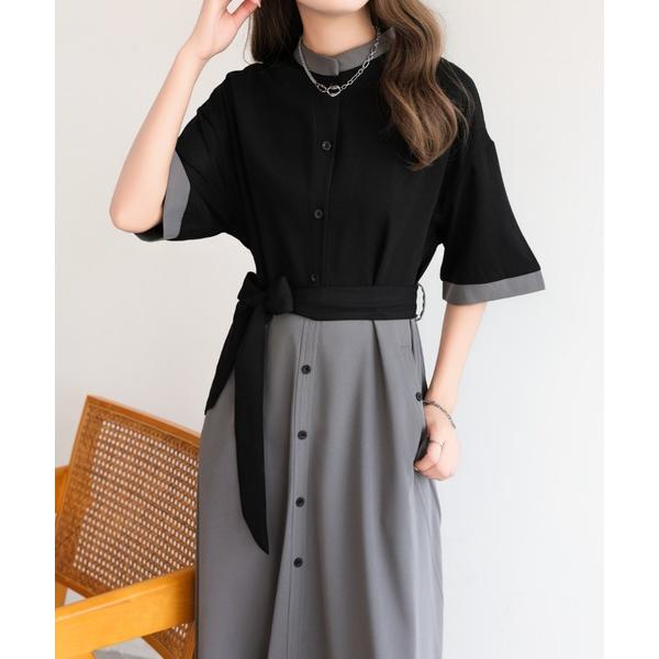シャツワンピース ウエストベルト付きバイカラーシャツワンピース