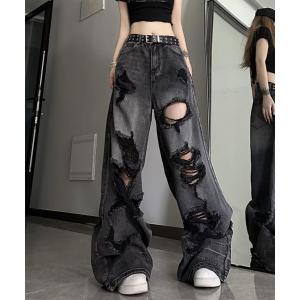 ジーンズ デニム デニムパンツ 「CANVAS+」クラッシュダメージルーズデニムパンツ レディース