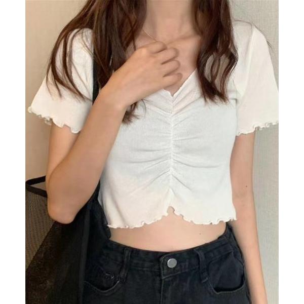tシャツ 半袖 Vネックフロントシャーリングメロー半袖Tシャツ レディース