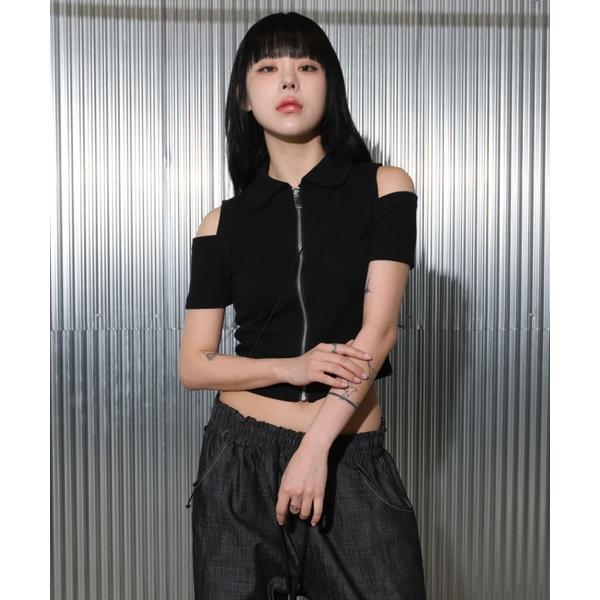 ニット セーター 「スタイルアップ」オフショルダー カラー リブ ニット スリット 半袖 ジップアッ...