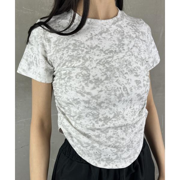 tシャツ タイダイ染め風プリントサイドシャーリング半袖Tシャツ レディース