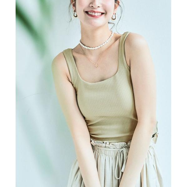 タンクトップ ノースリーブ カップ付き スクエア ネック リブ タンクトップ レディース