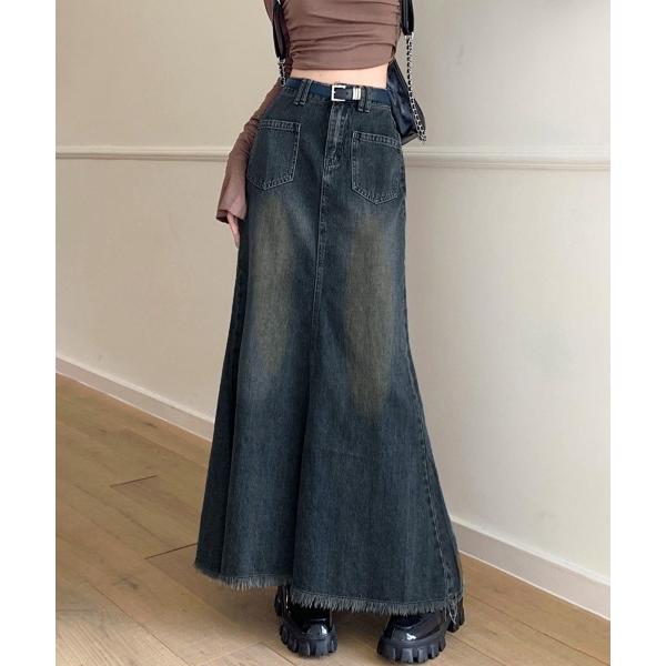 デニムスカート フリンジデニムスカートマーメイドスカート