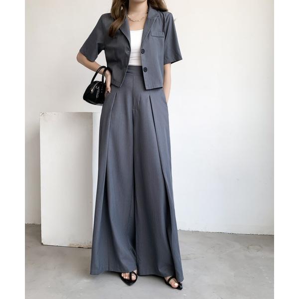 セットアップ ショートテーラージャケット＋タックワイドパンツセットアップ レディース