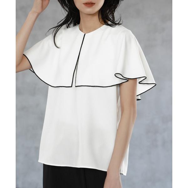 ブラウス シャツ パイピングケープカラーブラウス オフィス ビジネス フォーマル セレモニー 卒業式...