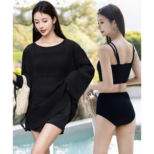 水着 体型カバー 「大きいサイズ有」長袖シアートップス+ショートパンツ+ダブルストラップリブビキニ ...