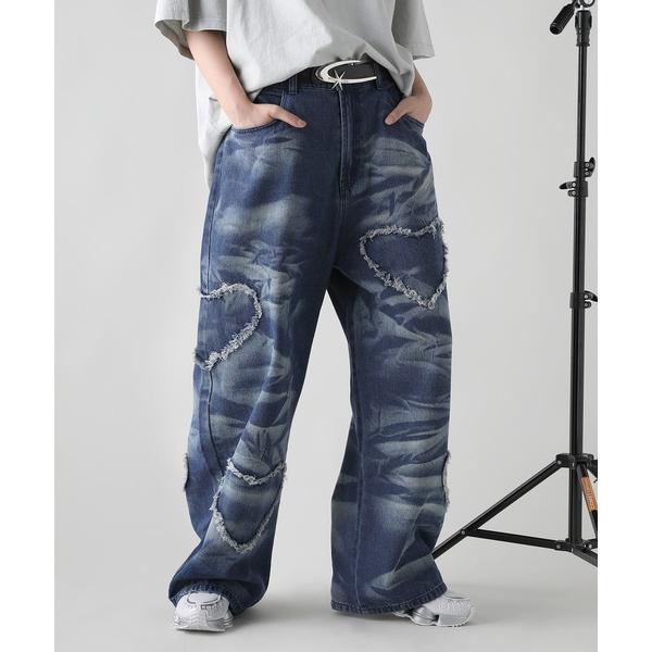 ジーンズ 10oz ヴィンテージライクケミカル/オーバーダイハートパッチフリンジバギーデニムデニムパ...