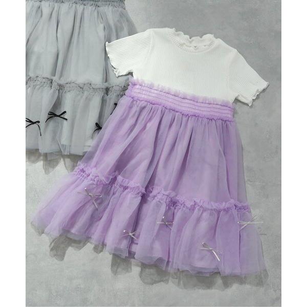 ワンピース チュールリボンドッキングワンピース キッズ 子供服 女の子