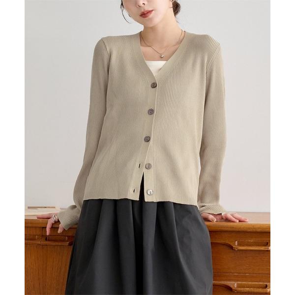 カーディガン Vネックリブ編みニットカーディガン レディース