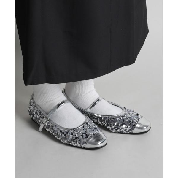 バレエシューズ パンプス 「shoes365」バックル付きスパンコールバレエシューズ