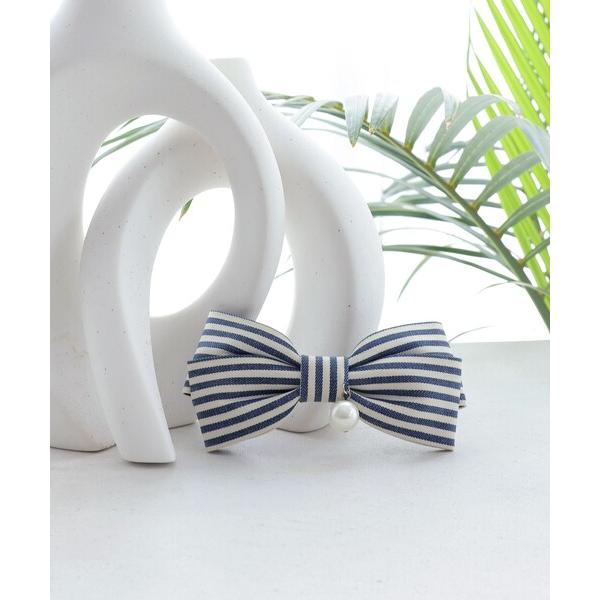 ヘアクリップ ボーダーリボンバレッタ（パール付き）