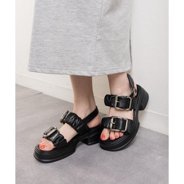 サンダル 厚底ギャザー2ベルト金具サンダル レディース