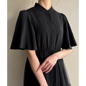 シャツワンピース チュールドッキングフリルスリーブシャツワンピース｜zozo