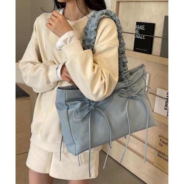 トートバッグ 大容量紐リボン　ギャザーショルダー　トートバッグ レディース