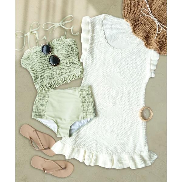 水着 ニットワンピース 付き シャーリング ビキニ 体型カバー 水着 セットアップ レディース レデ...