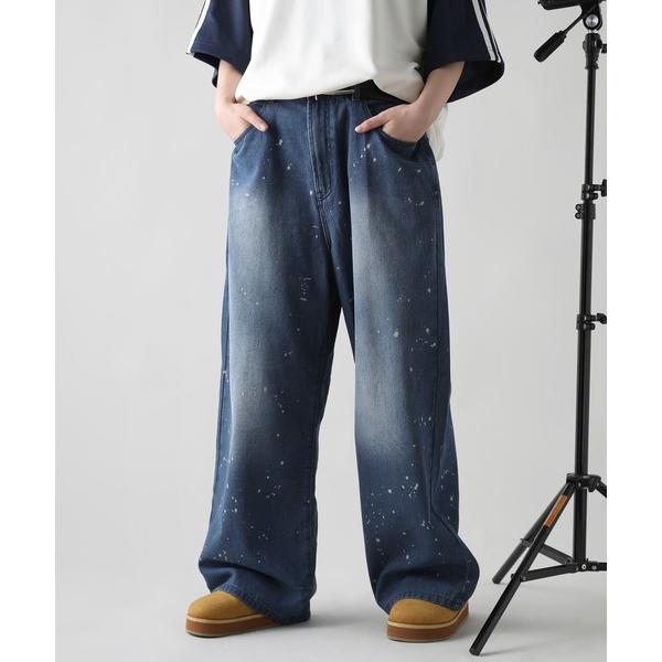ジーンズ オーバーダイ/マルチ加工グランジバギーワイドデニムパンツ　ペイント加工／ペンキ加工 メンズ...