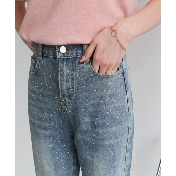 ジーンズ デニム デニムパンツ ラインストーン付きデニムパンツ レディース