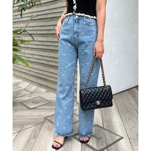 ジーンズ デニム デニムパンツ リボン柄デニムパンツ レディース