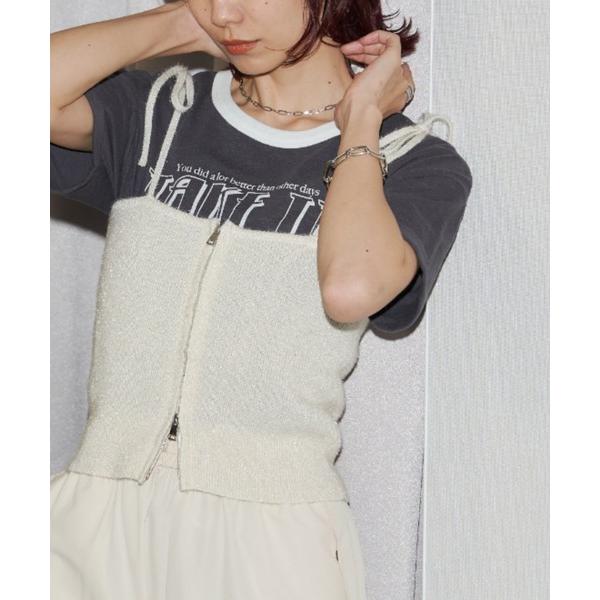 キャミソール フロントZIPラメフェザーリボンビスチェ