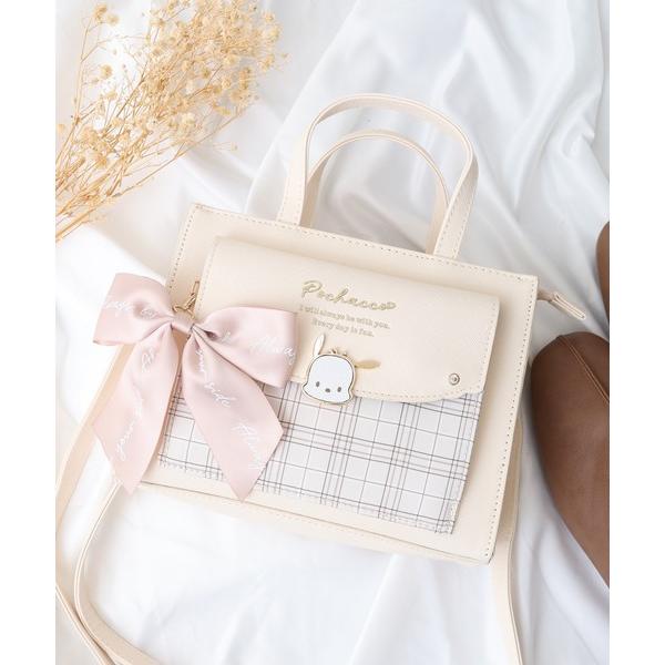 ショルダー ショルダーバッグ 「サンリオ」キャラクタープレート　チェック　リボン　前面ポケット　合皮...