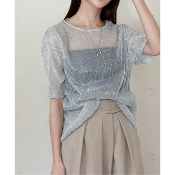 tシャツ ラメシアープリーツクルーネックプルオーバー レディース