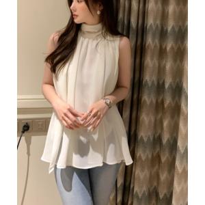 ブラウス シャツ ハイネックバックリボンノースリーブシフォントップス レディース