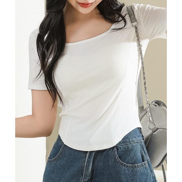 tシャツ スクエアネック ラウンドヘム コンパクト 半袖 トップス レディース