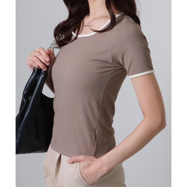 tシャツ 配色ライン スクエアネック ソリッド 半袖 Tシャツ レディース