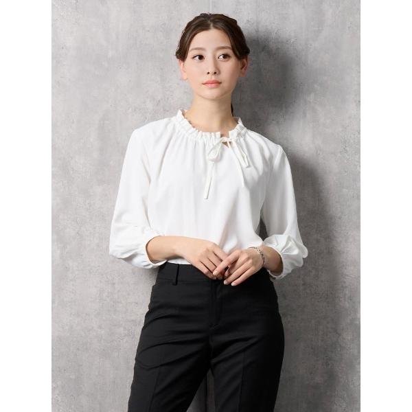 ブラウス シャツ リボン付き　ギャザーブラウス　オフホワイト/ベージュ/サックス レディース